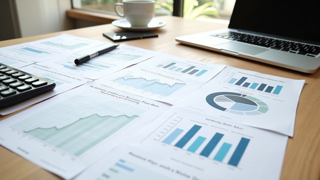 A collection of printed business plans, charts, and graphs spread across a wooden desk beside a coffee mug and a closed laptop