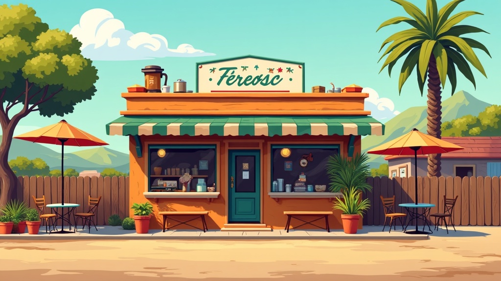 A stylized illustration of a South African coffee shop franchise exterior, emphasizing local culture and bright colors.