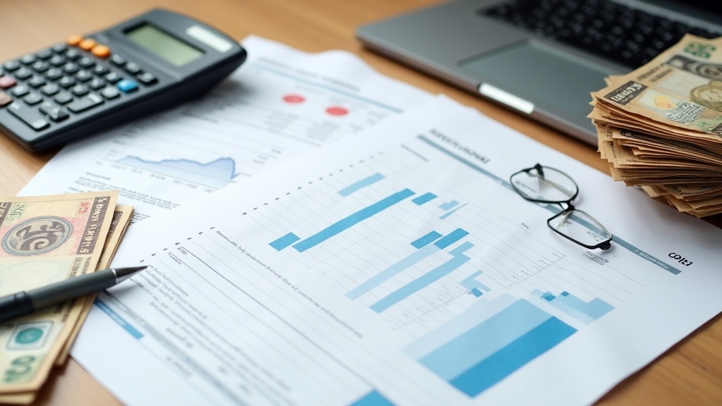 A stack of business documents, calculator, and currency notes on a clean desk, representing financial review for loan eligibility in South Africa.