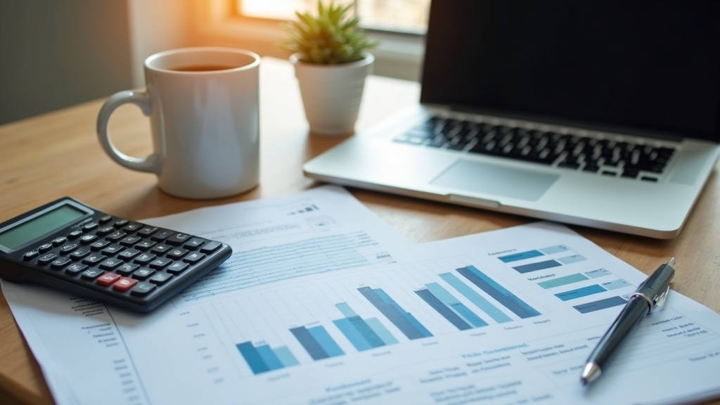 A workspace with a laptop, calculator, financial documents, and a coffee mug, symbolizing self-employed financial management.