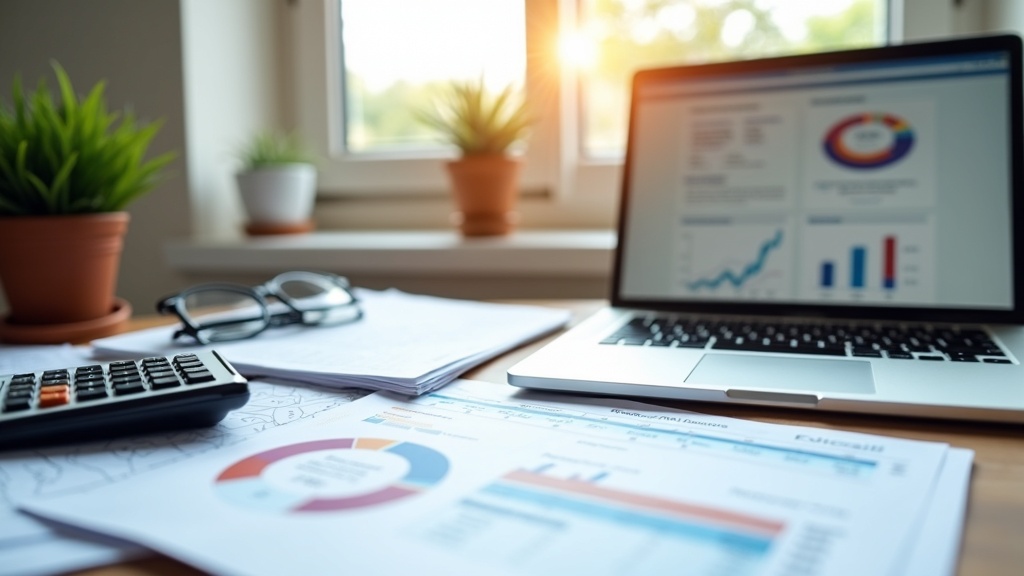 A workspace with financial documents, a calculator, and a laptop, symbolizing a small business preparing funding paperwork