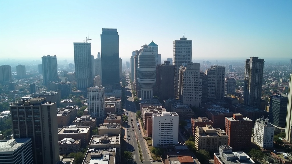 Aerial view of Johannesburg financial district, showing both traditional banks and modern business hubs