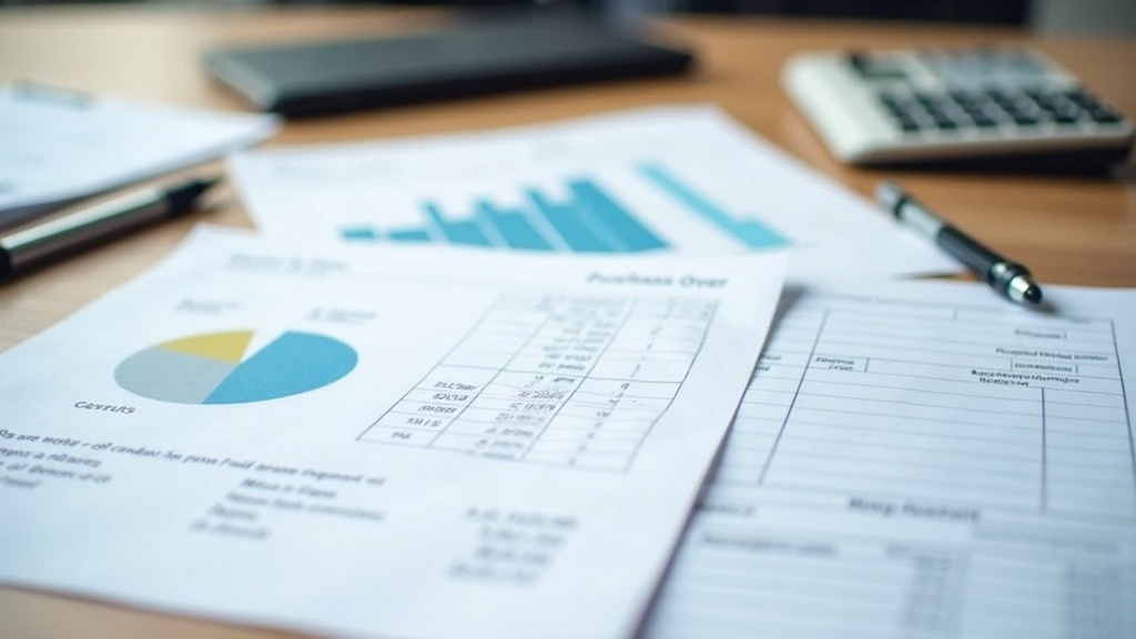 Financial documents, charts, and a calculator on a business desk showing purchase order and funding paperwork in South Africa