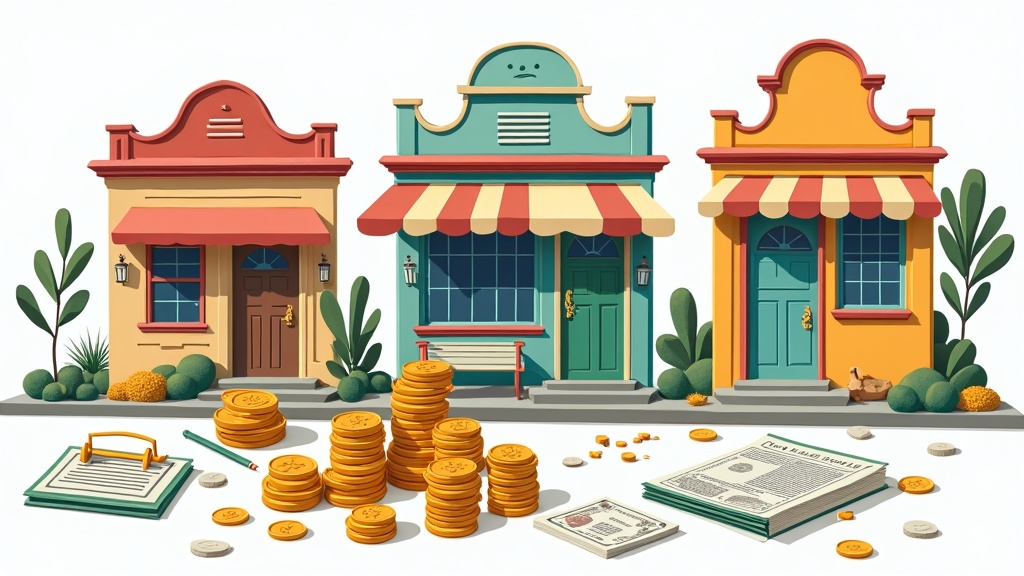 Illustration of money, small business shop, and documents typical of microloan application process
